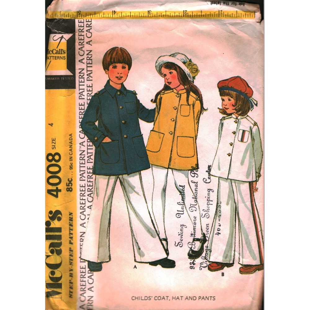 Vintage 1974 McCall's 4008 Kids Coat Hat Pants Sewing Pattern Size 4 Retro 70s